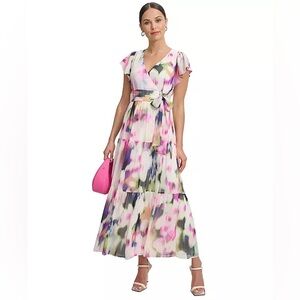 DKNY Women’s Chiffon Flutter Sleeve Tie Waist Maxi Dress Multicolour size 12